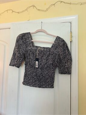 UNIVERSAL THREAD Smocked Square-Neck Floral Top - Navy/White
